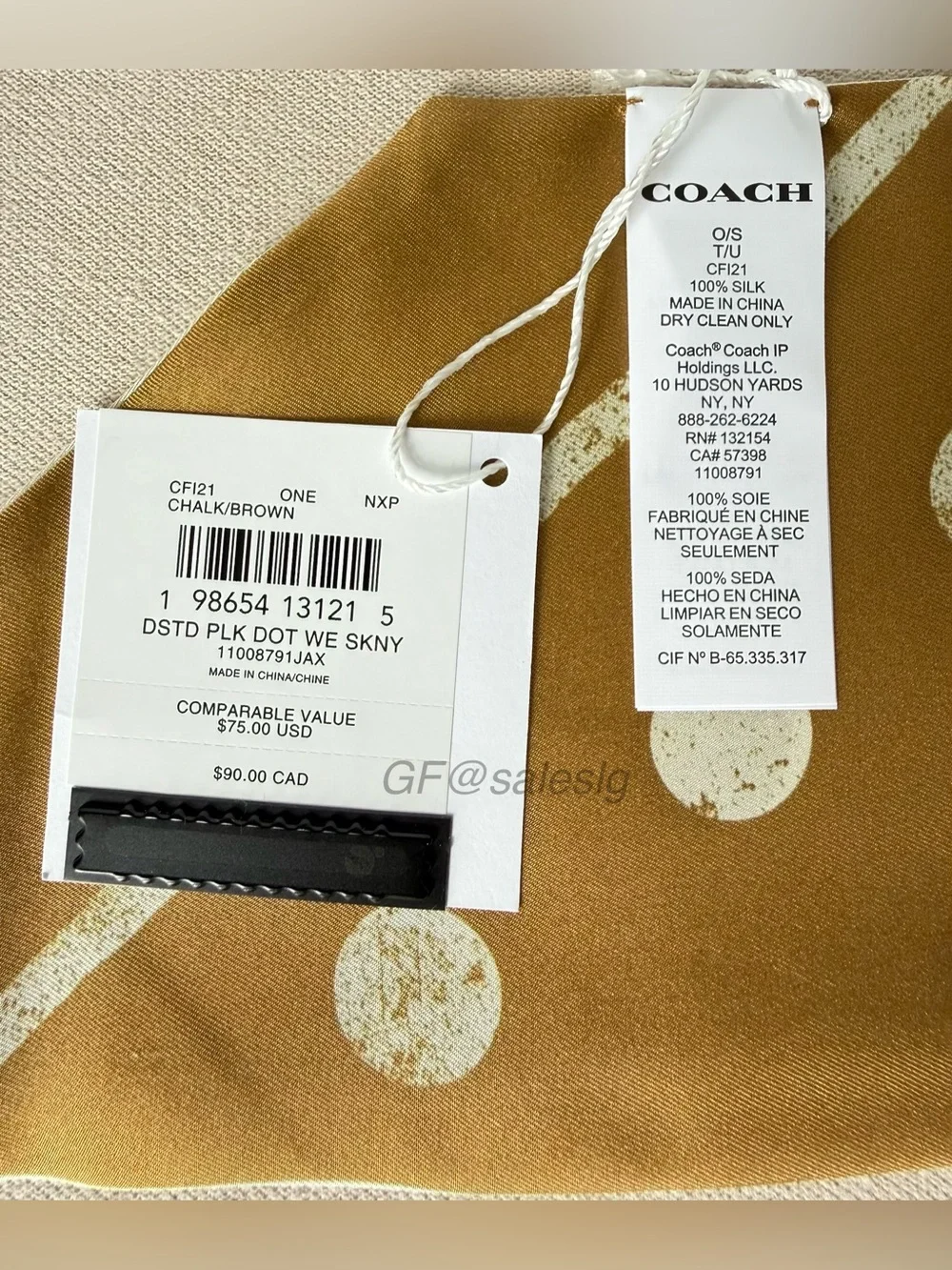 NWT Coach Distressed Dot Print Silk Wide Skinny Scarf Chalk/Brown CFI21